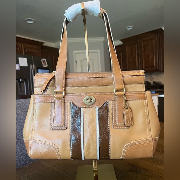 Coach Handbags - Coach Tan and Brown Leather Shoulder Bag with Turnlock Closure